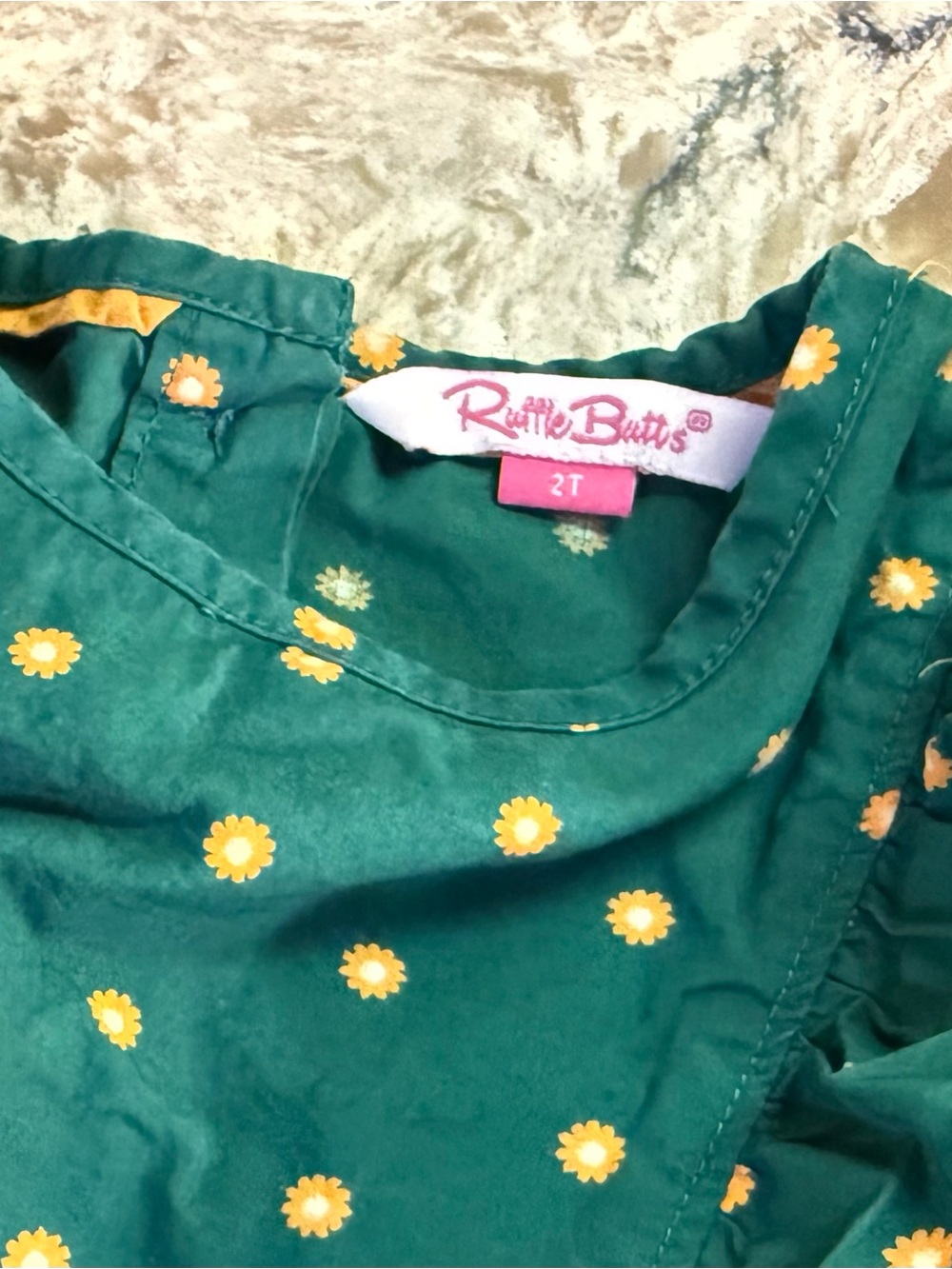 Ruffle Butts Emerald Green Long-Sleeve Bubble Romper with Gold Daisies - Picture 6 of 6